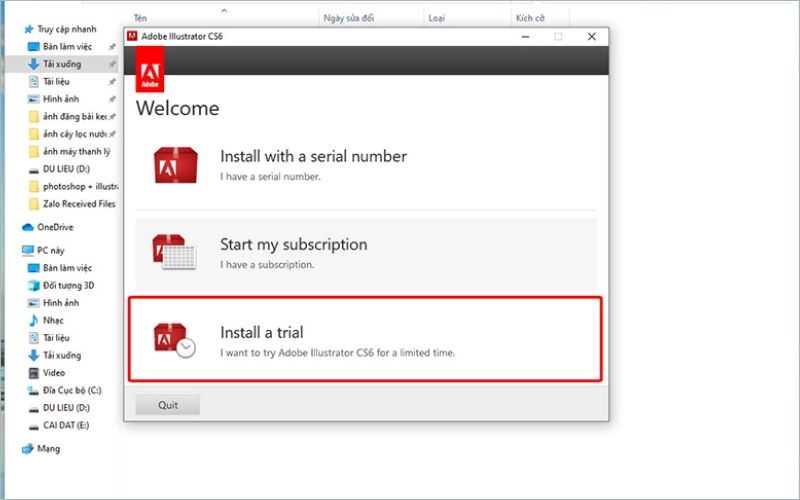 Thực hiện click Install trial để tải Illustrator CS6 full