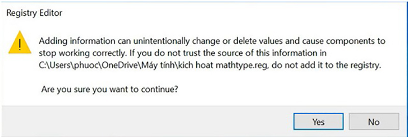 tại cửa sổ Registry Editor bấm chọn Yes