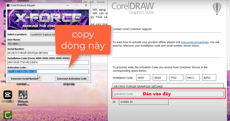 copy đoạn code bên hộp thoại Corel Production Keygen