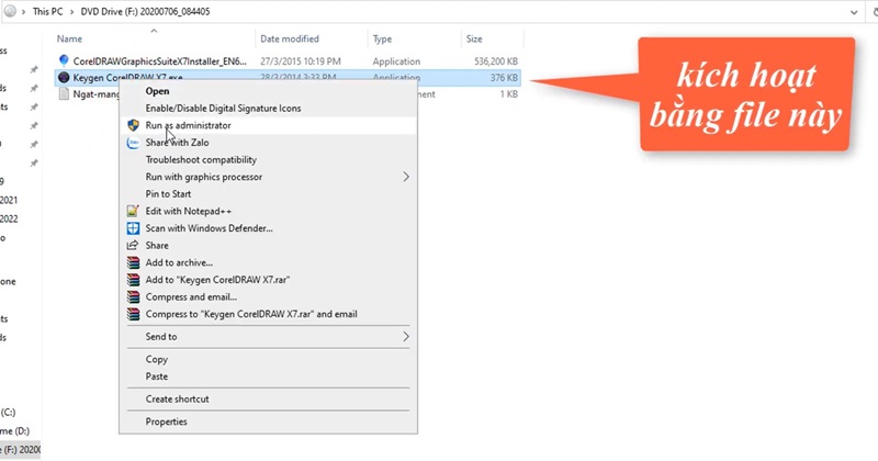 chạy tệp Keygen CorelDRAW X7.exe