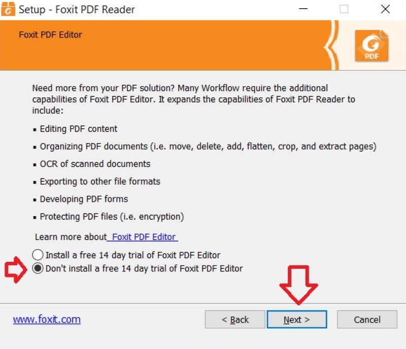 Chọn Don’t install a free 14 day trial of Foxit PDF Editor và nhấn Next