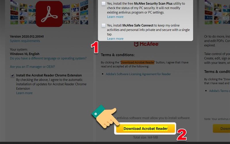 bỏ dấu tick và nhấn vào nút Download Acrobat Reader