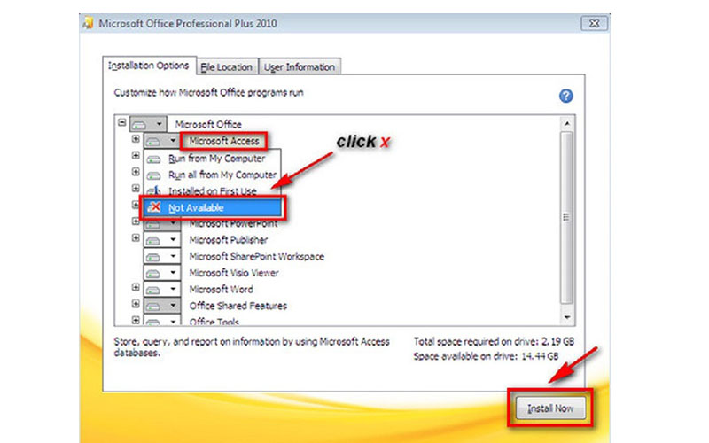 tick chọn Not Available hoặc Run from my computer