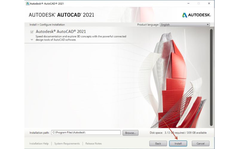 tick chọn mục Autodesk AutoCAD 2021 rồi nhấn Install